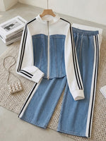 Two-piece Set: Denim-paneled Top And Wide-leg Trousers