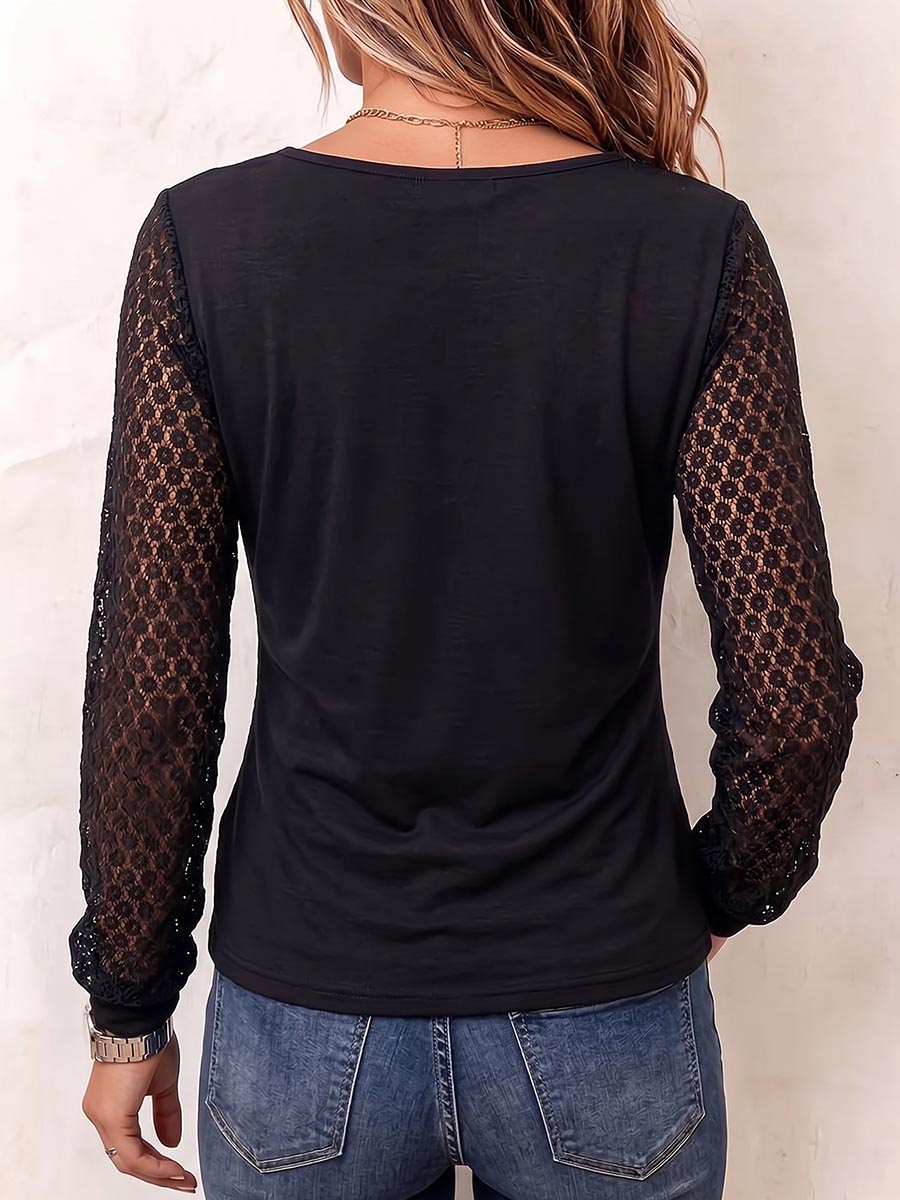 Women's Solid Color V-neck Long Sleeve Casual Loose Lace Patchwork Top