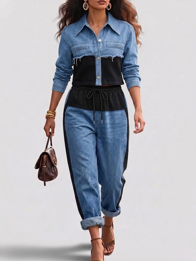 Casual Black Patchwork Cotton Denim Jacket And Jeans Set