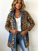 Boho Leopard Print Denim Panel Contrast Casual Longline Jacket