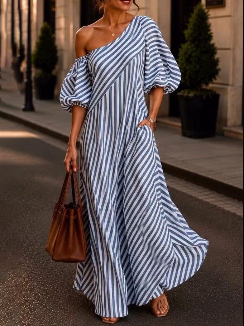 Elegant Chic One-shoulder Striped Maxi Dress