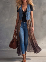 Western Sheer Gradient Leopard Maxi Drape Denim Duster Vest