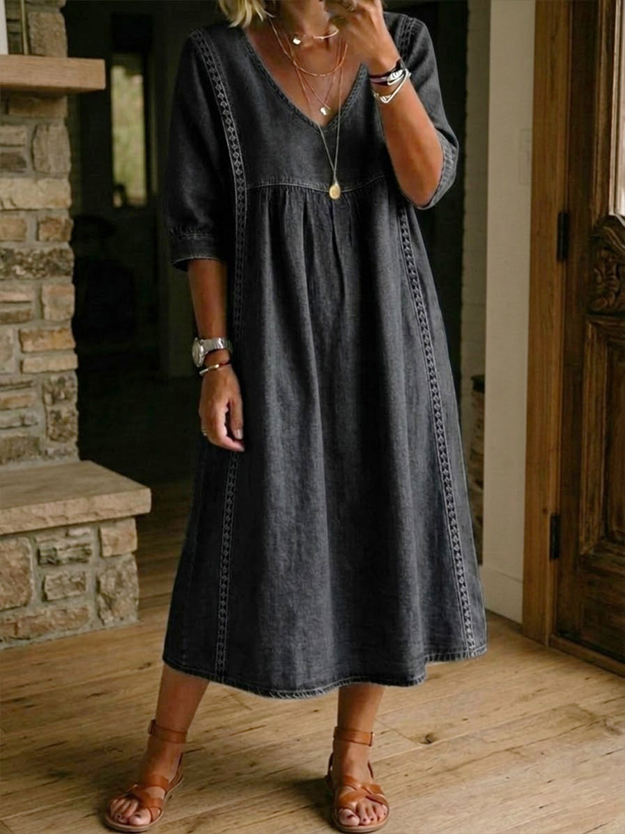 Casual Loose-fitting Denim Dress With Lace Trim