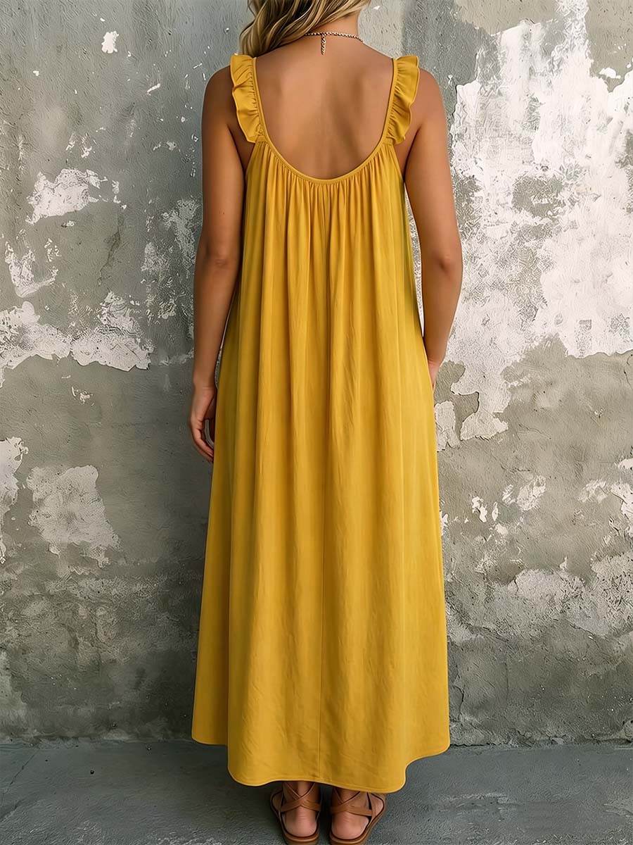 Women's Solid Color Square-neck Sleeveless Casual Loose Cotton-linen Dress