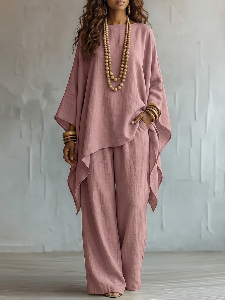 Loose-fit Casual Cotton-linen Blend Top And Trousers Two-piece Set