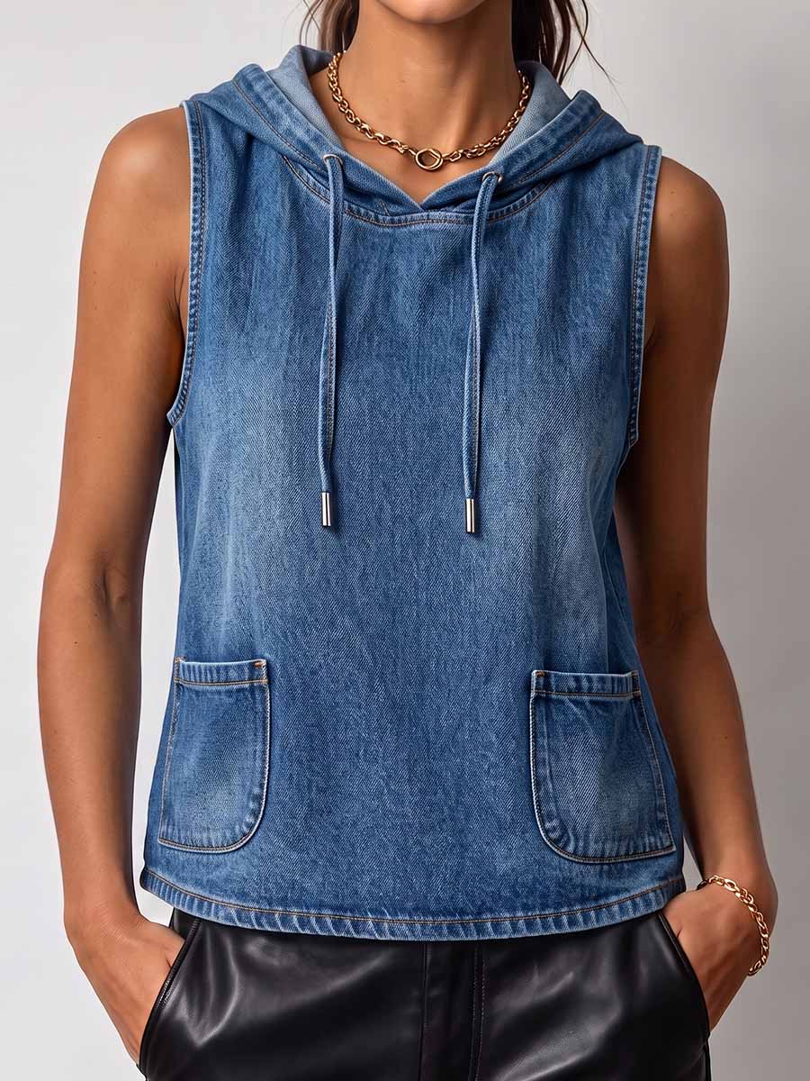 Women's Sleeveless Casual Loose Hooded Denim Top