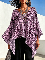 Leopard-print Top With A Round Neck, Asymmetrical Hem, And Batwing Sleeves