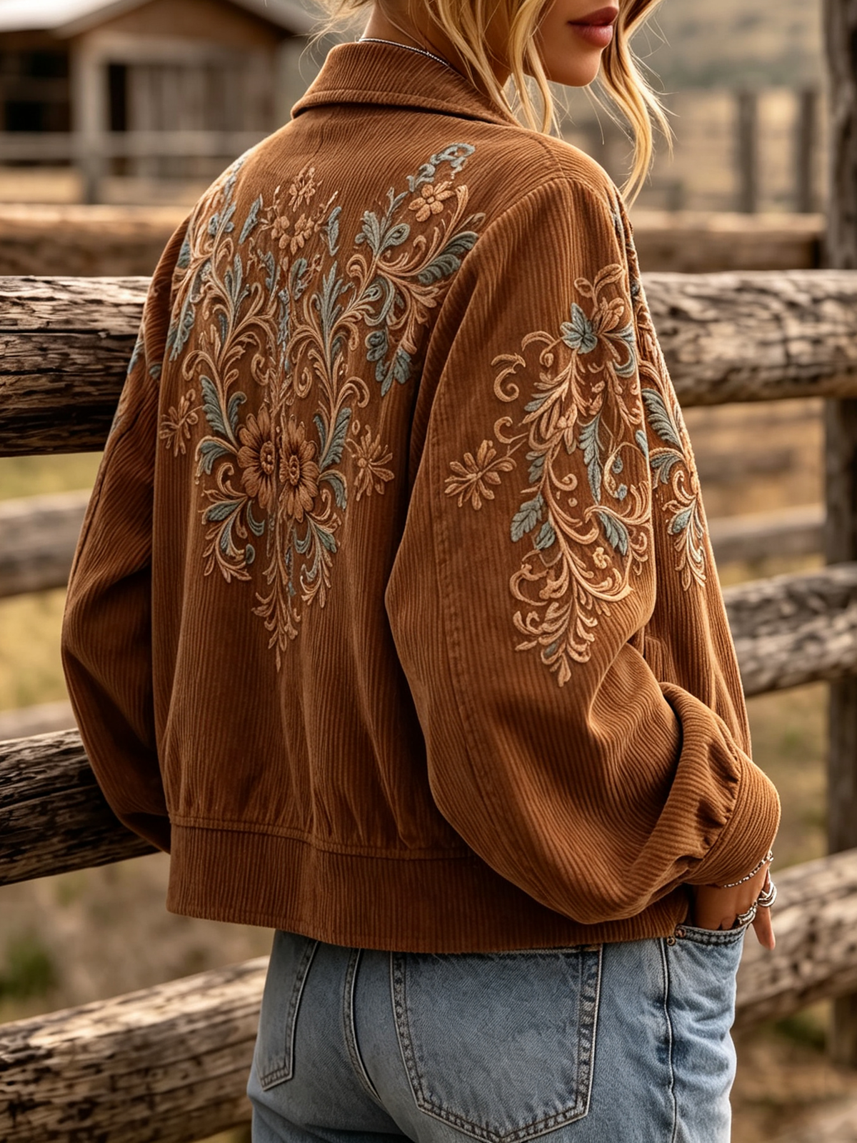 Boho Western Floral Print Corduroy Zip-up Jacket
