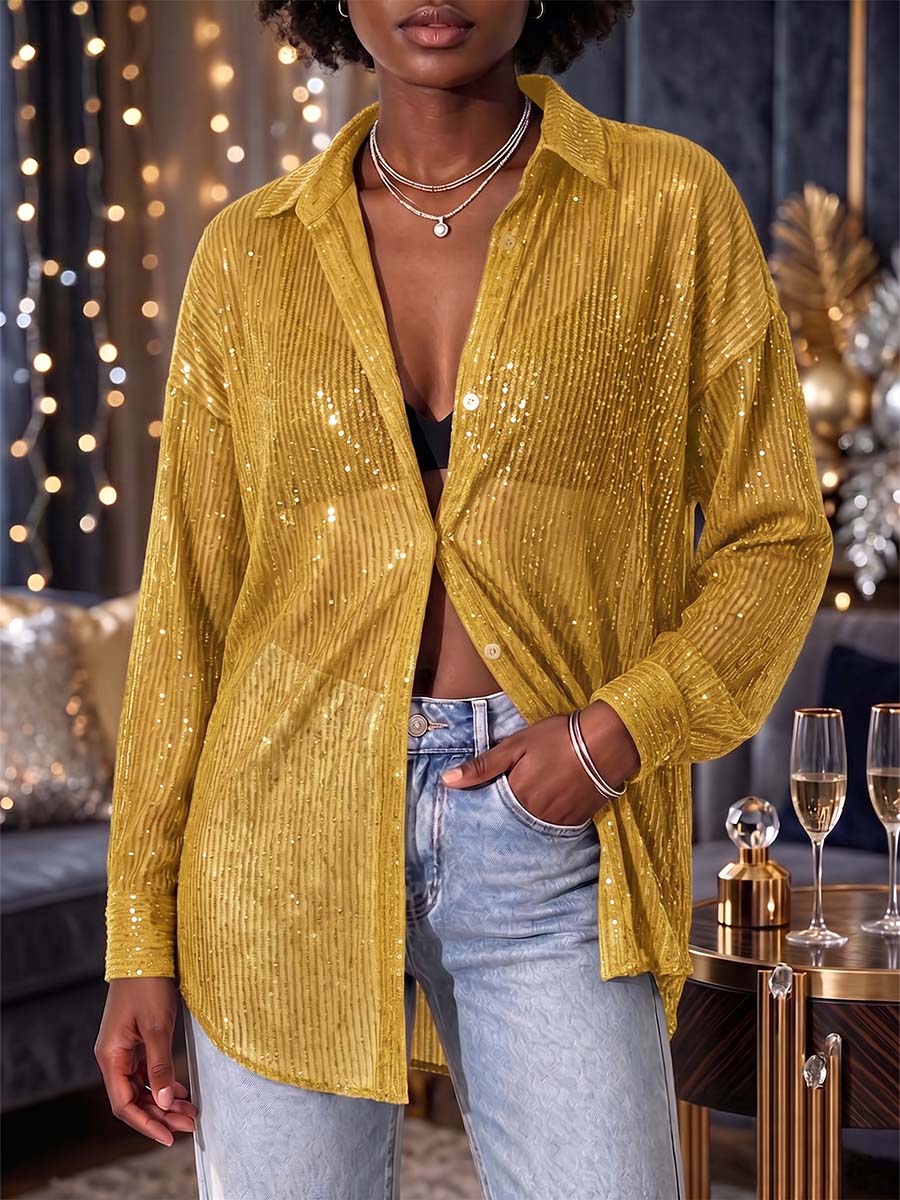 Women's Solid Color Collared Long-sleeved Casual Loose Sequined Shirt