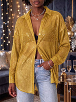 Women's Solid Color Collared Long-sleeved Casual Loose Sequined Shirt