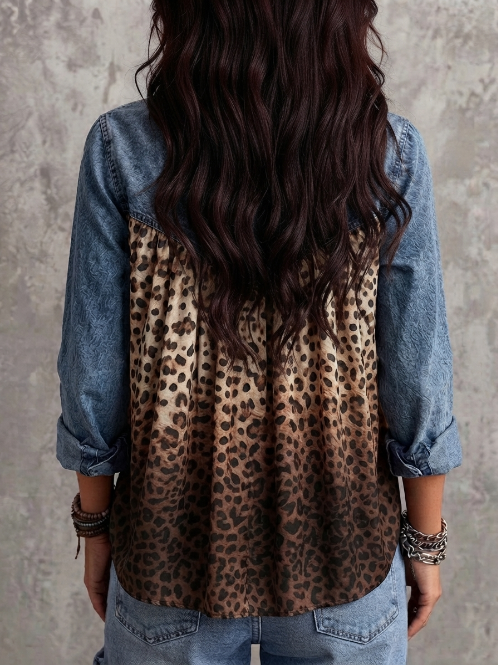 Women's Long-sleeve Denim Shirt With Gradient Leopard Print Paneling
