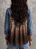 Women's Long-sleeve Denim Shirt With Gradient Leopard Print Paneling