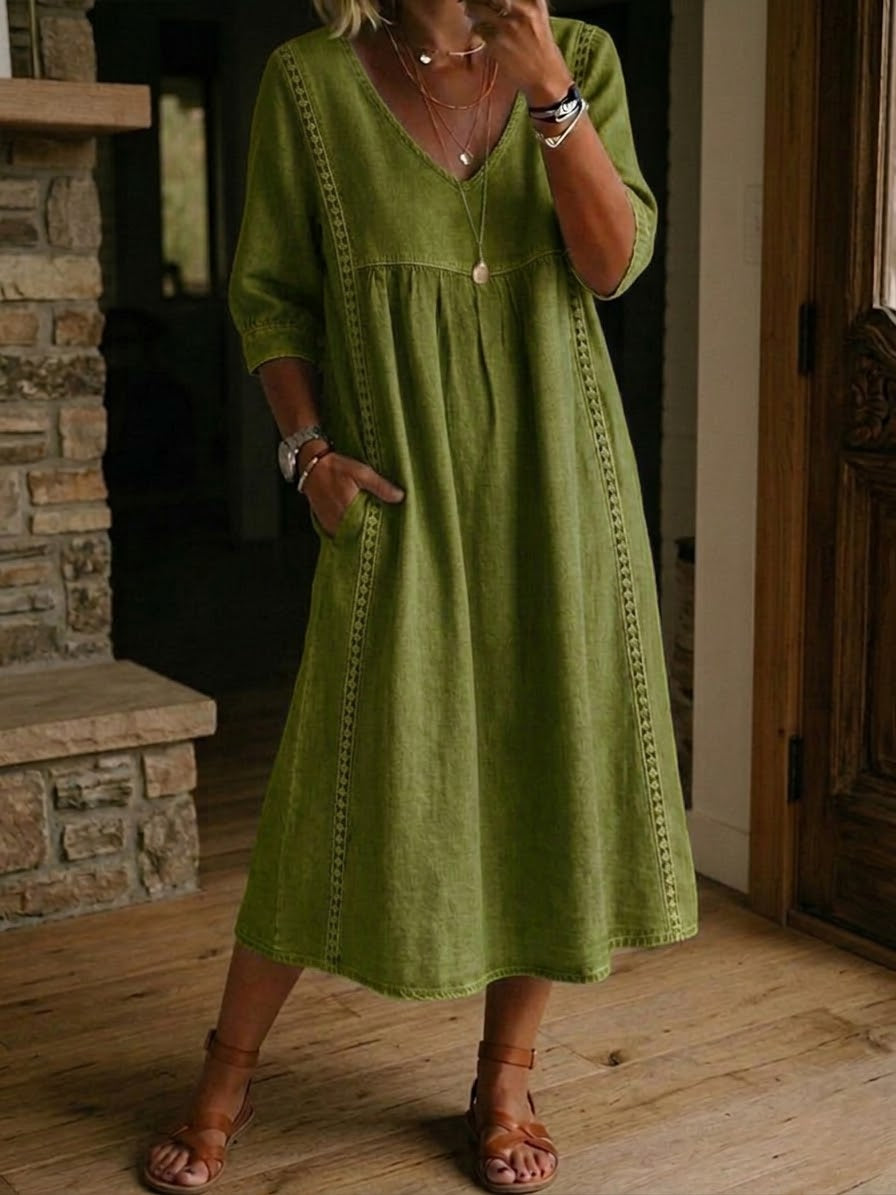 Casual Loose-fitting Patchwork Lace Trim Linen And Cotton Dress