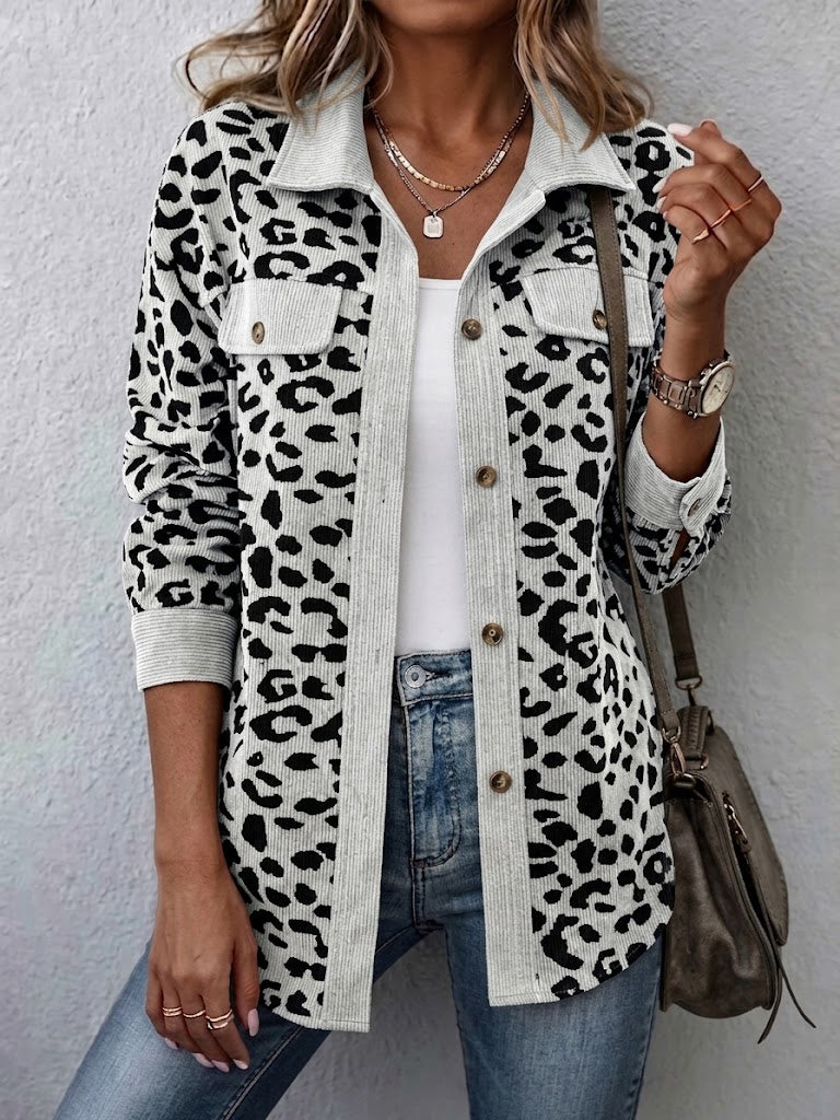 Contrast Rib Collar Leopard Print Corduroy Long Sleeve Shirt Jacket