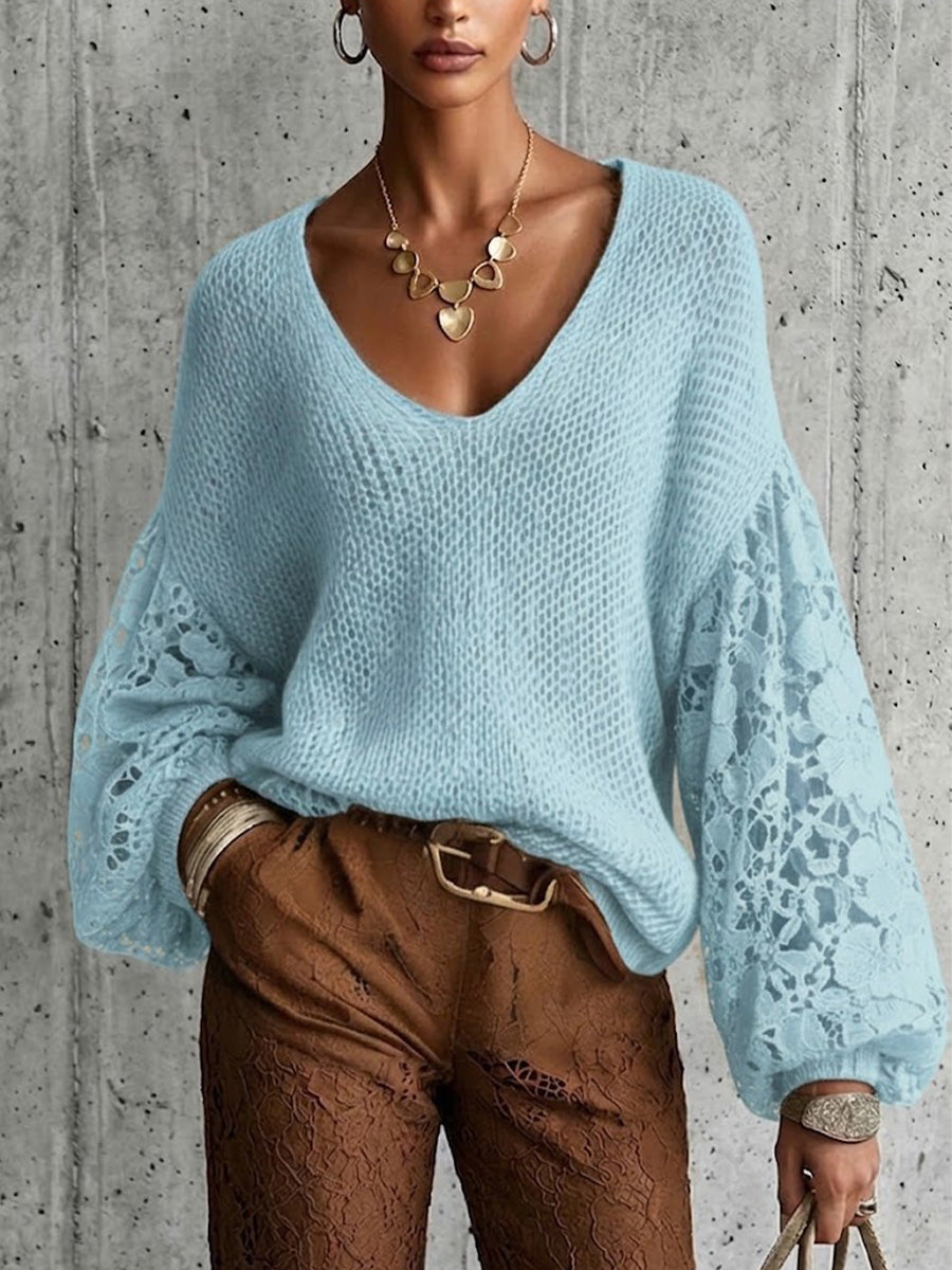 Lace Cut-out Lantern Sleeve V-neck Knit Pullover