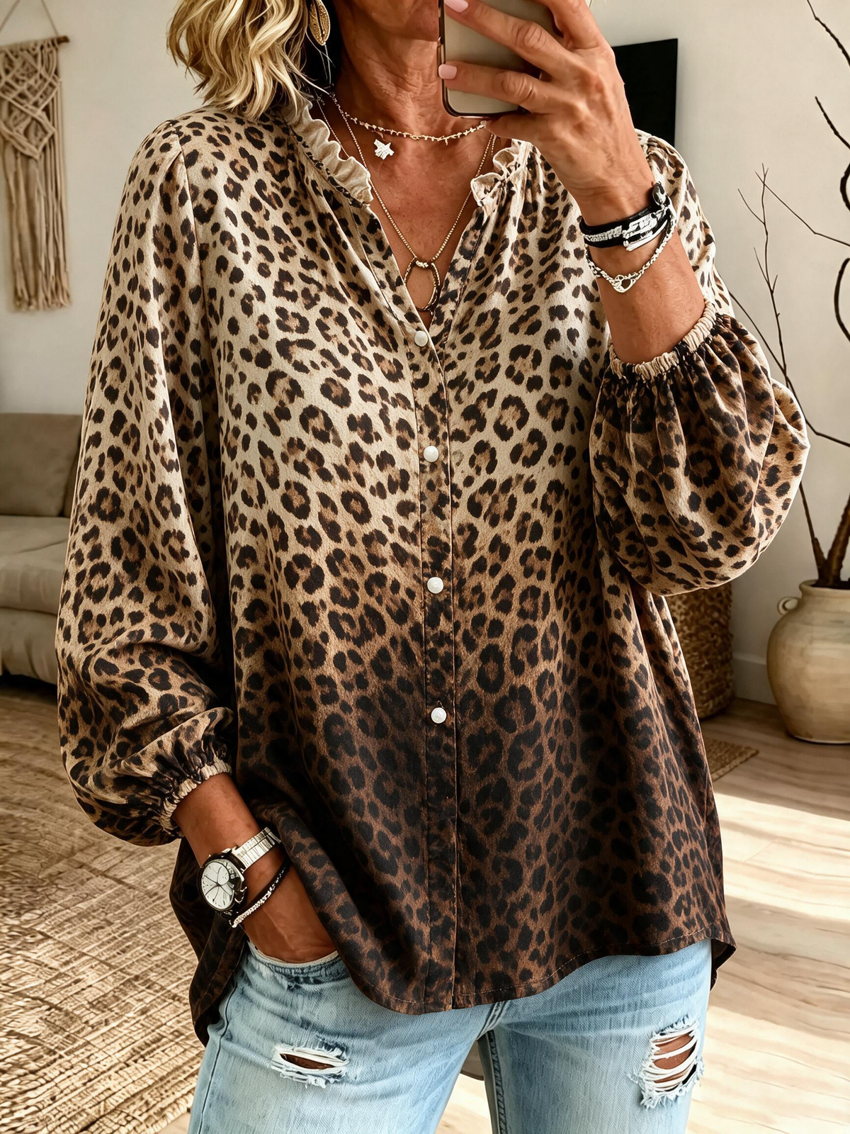 Women's Boho Gradient Leopard Print Blouse