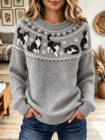 Women's Cute Tuxedo Cat Print Crew Neck Sweater, Vintage Fair Isle Pattern Knit Pullover