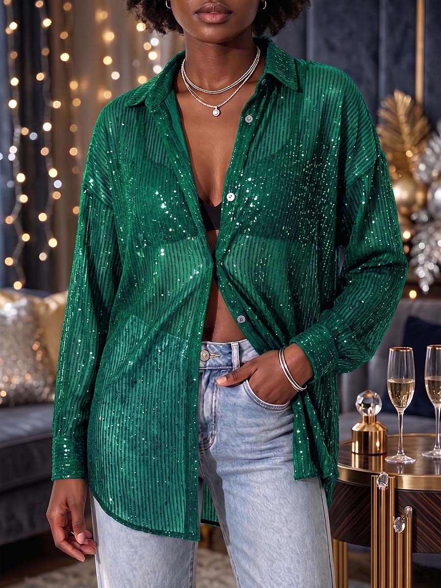 Women's Solid Color Collared Long-sleeved Casual Loose Sequined Shirt