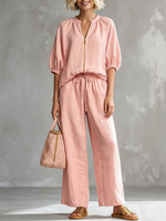 Stylish Cozy Shirt And Wide-leg Pants Linen Cotton Two-piece Set