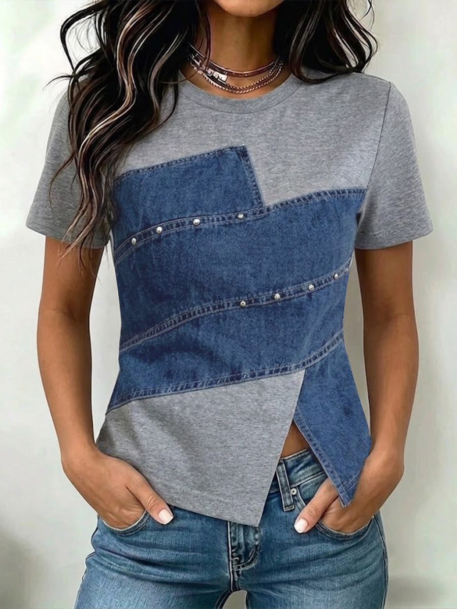 Casual Color-block Denim And Cotton T-shirt