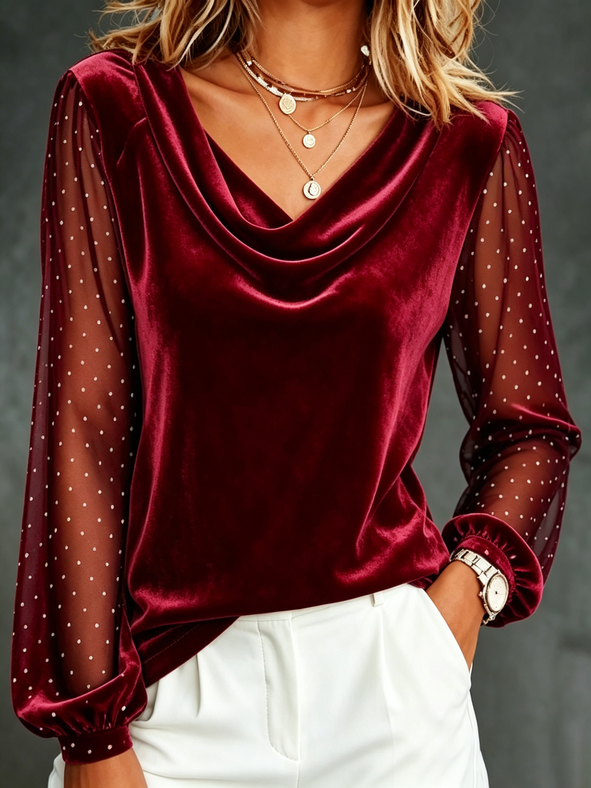 Velvet And Polka-dot Mesh Panel Top With Cowl Neck And Long Lantern Sleeves