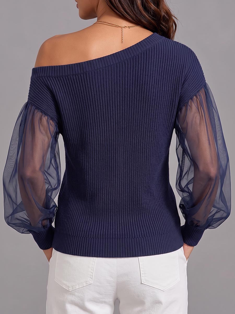 Women's Solid Color Off-shoulder Neck Long Sleeve Casual Loose Knitted Patchwork Sheer Top