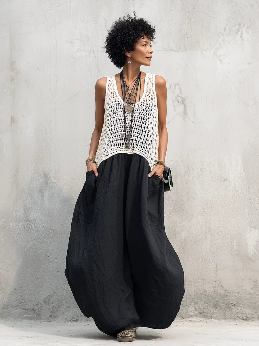 Artistic Knit-Spliced Balloon Maxi Dress
