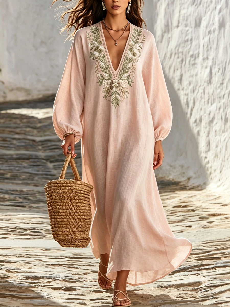 Floral-embroidered Deep-v Lantern-sleeve Linen-blend Loose Resort Dress