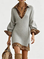 Stylish And Cozy Color-block Leopard Print Mini Knit Dress