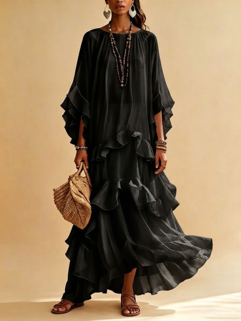 Round-neck, Batwing-sleeve, Tiered-ruffle, Sheer-textured Maxi Dress For Vacation