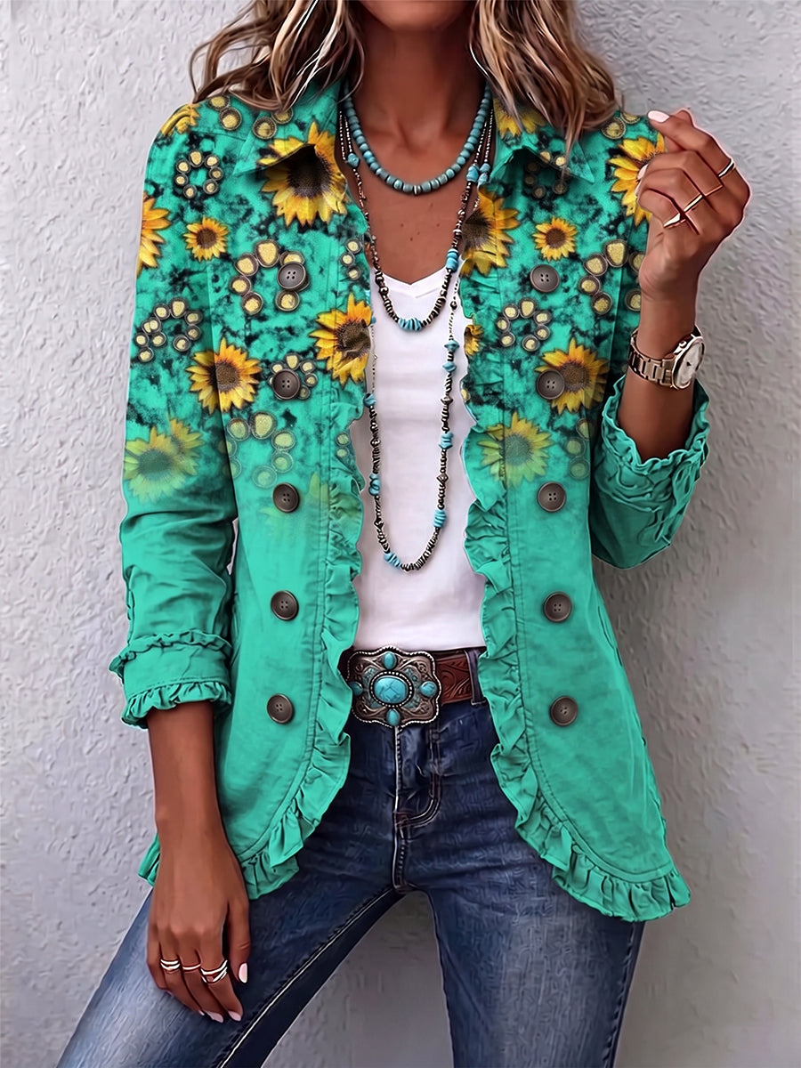 Teal Sunflower Bohemian Ruffled Jacket