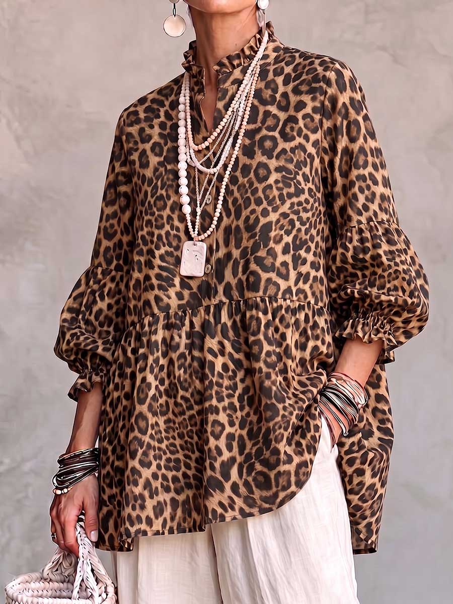 Women's Leopard Print Stand Collar 3/4 Sleeve Casual Loose Cotton Linen Top