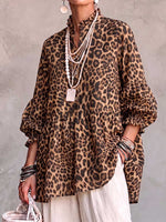 Women's Leopard Print Stand Collar 3/4 Sleeve Casual Loose Cotton Linen Top