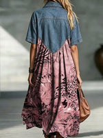 Loose, Mid-length Dress With A Denim Collar And Retro Animal Print Paneling