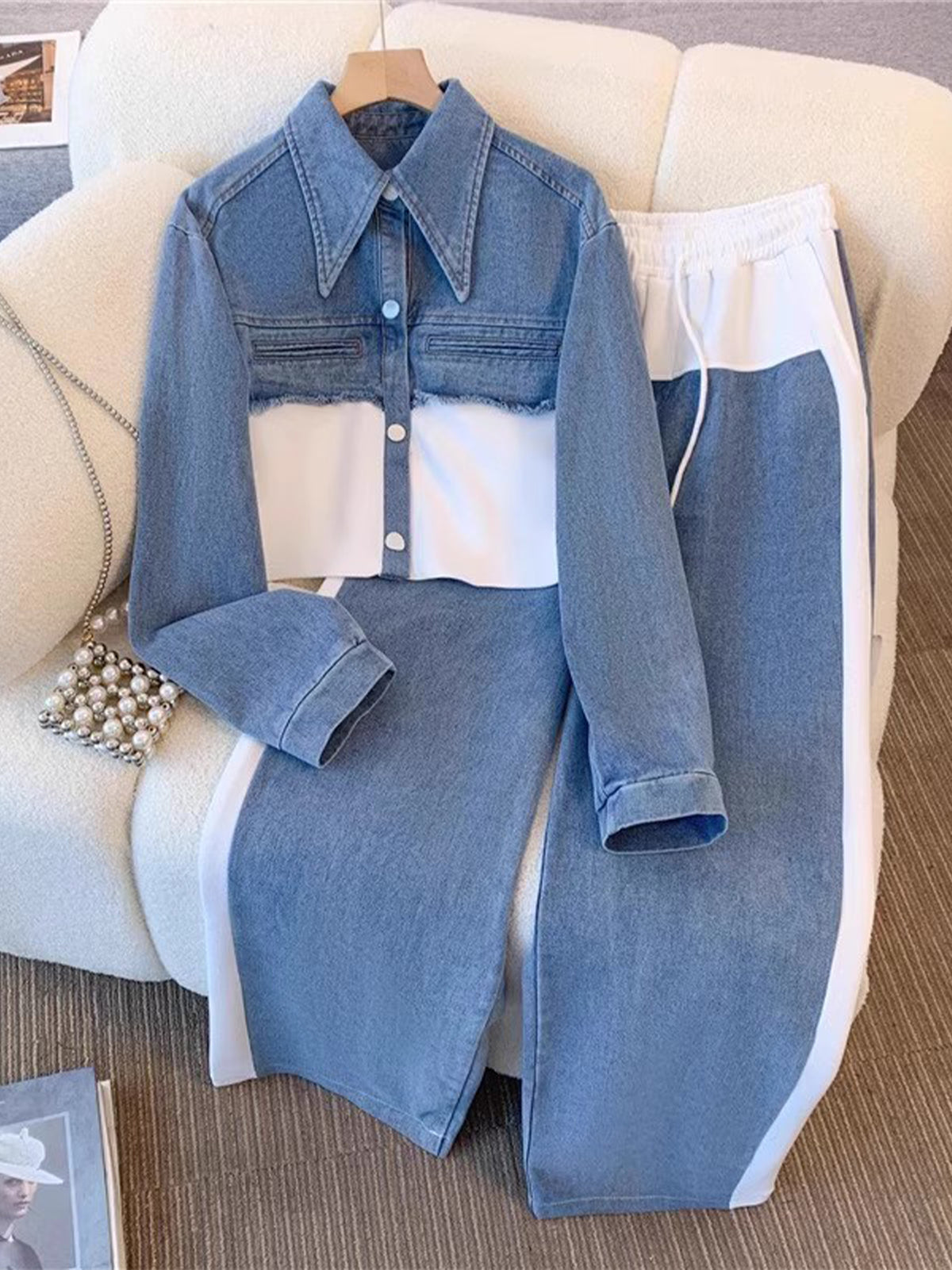 Casual Black Patchwork Cotton Denim Jacket And Jeans Set
