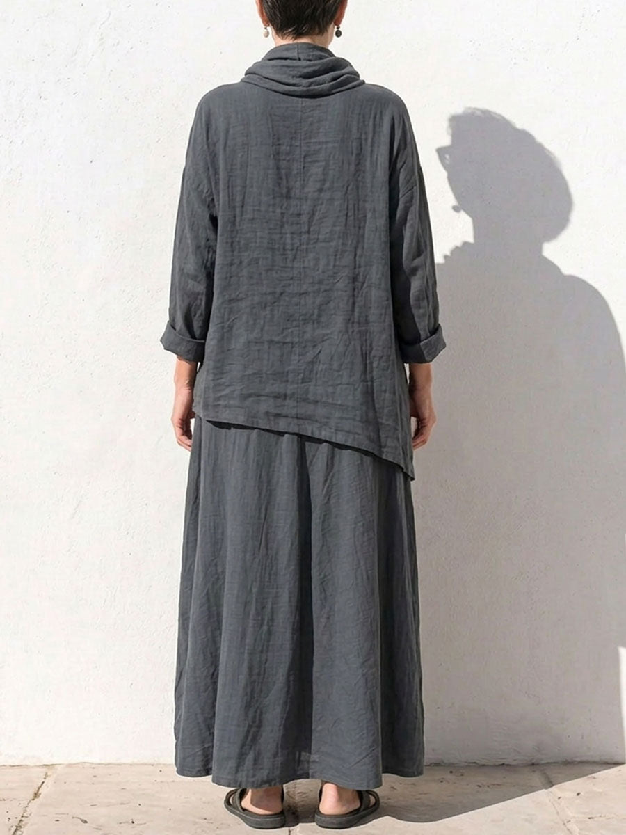 Women's Solid Color Turtleneck Long Sleeve Casual Loose Cotton Linen Top And High Waist A-linen Skirt Set