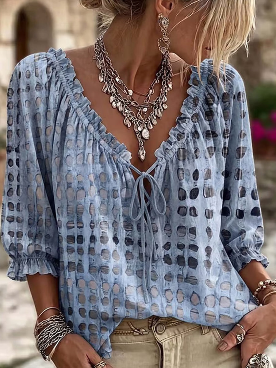 Comfortable Retro-style Polka-dot Print Cotton-blend Top With Ruffled V-neck