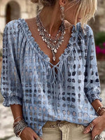 Comfortable Retro-style Polka-dot Print Cotton-blend Top With Ruffled V-neck