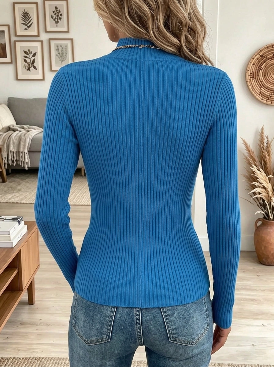 Women's Pleated Fold Mock Neck Ribbed Sweater