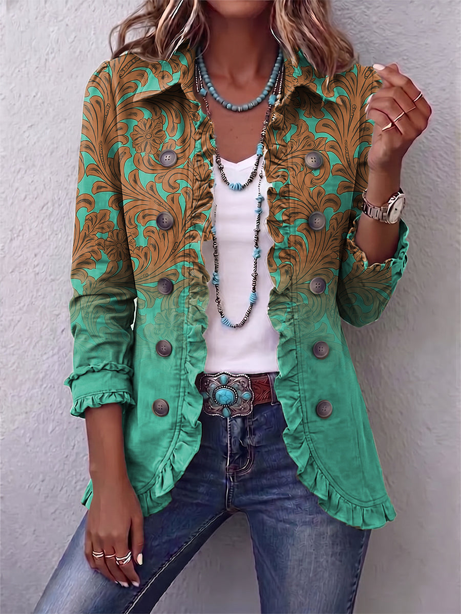 Vintage-style Bohemian Print Linen-cotton Ruffle Jacket