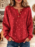 Women's Sparkly Glitter Henley Long Sleeve Ribbed Knit Casual Pullover Top