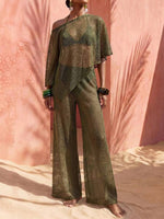 Sheer Mesh Asymmetrical Off-Shoulder Knit Two-Piece Cover-Up Set