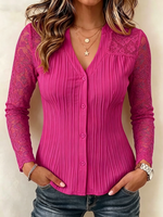 V-neck Vertical Texture Fitted Lace Spliced Long Sleeve Button Blouse