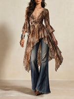 Boho-style Vintage Chiffon Top With Leopard Print Panels And Lace Trim.