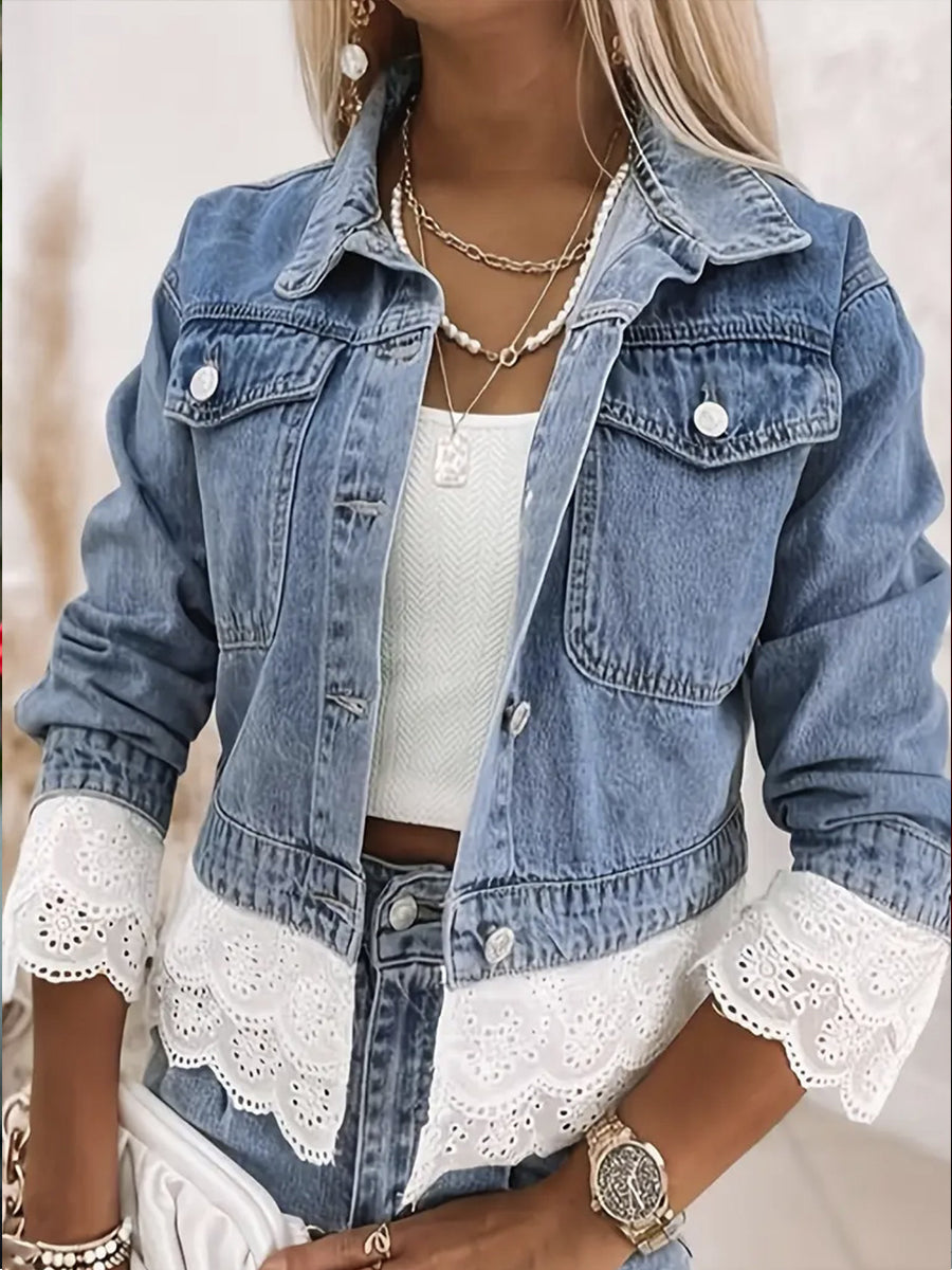 Romantic Eyelet Lace Trim Denim Jacket
