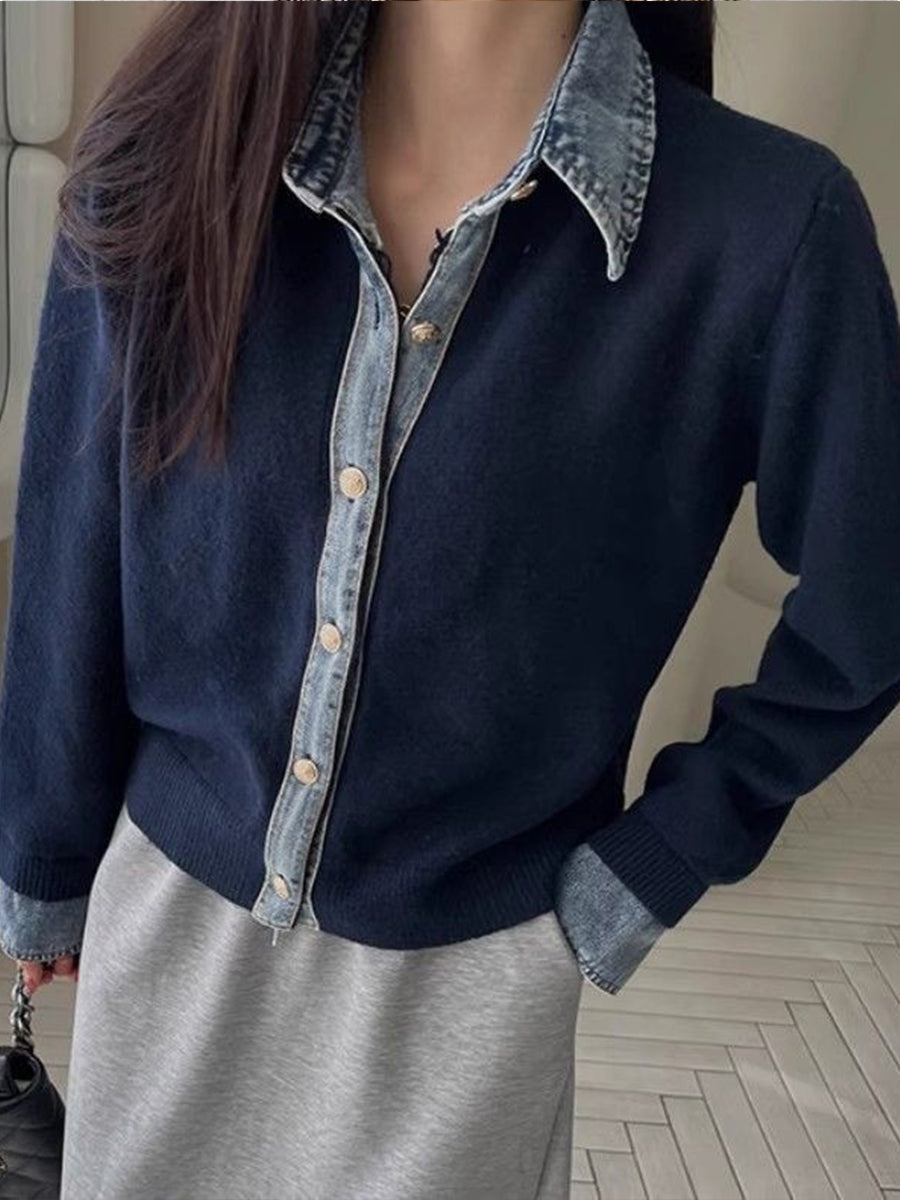 Casual Color-block Denim And Knit Cardigan