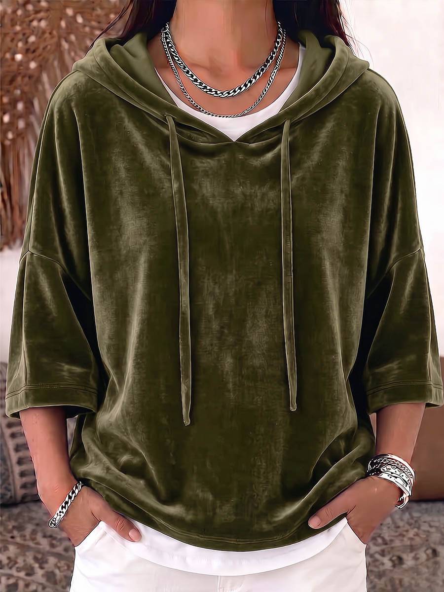 Women's Solid Color 3/4 Sleeve Casual Loose Velvet Hooded Top