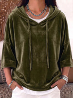 Women's Solid Color 3/4 Sleeve Casual Loose Velvet Hooded Top