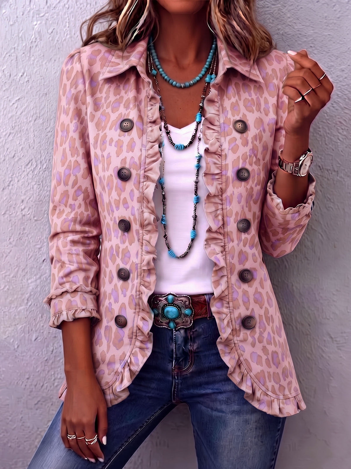 Boho Leopard Print Ruffle Blazer Jacket