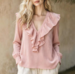 Cozy, Relaxed-fit Ruffled V-neck Velvet Top